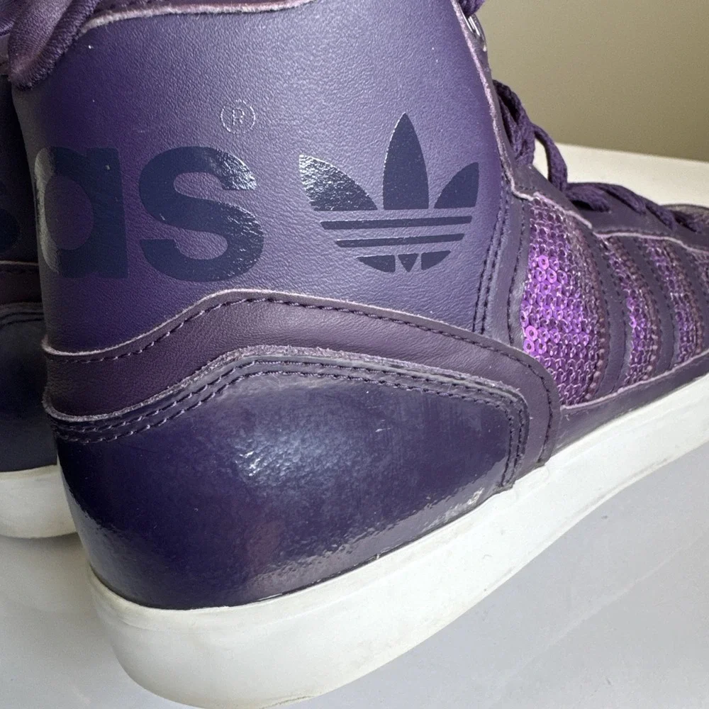 Adidas Extaball High Top Sneakers Womens Shoes US 8 Dark Violet Sequins White